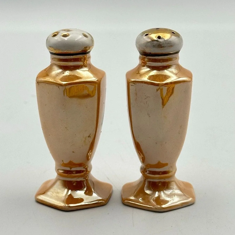 Orange Lusterware Salt Pepper Shakers Painted Flowers‎ Trim Gold made Japan